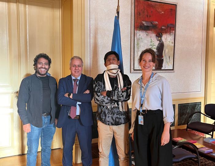 Jorge Roldan del Solar, Luis Pedernera, membre du Comité des droits de l'enfant, Erick et Clélia Bringolf de la Fondation d'Apprentis d'Auteuil International, aux Nations Unies à Genève © Apprentis d'Auteuil